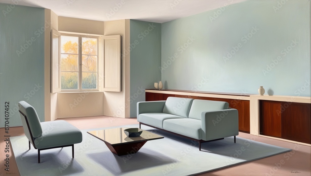Minimalistic light blue living room that evokes a sense of calmness Minimalistic light blue living room that evokes a sense of calmness