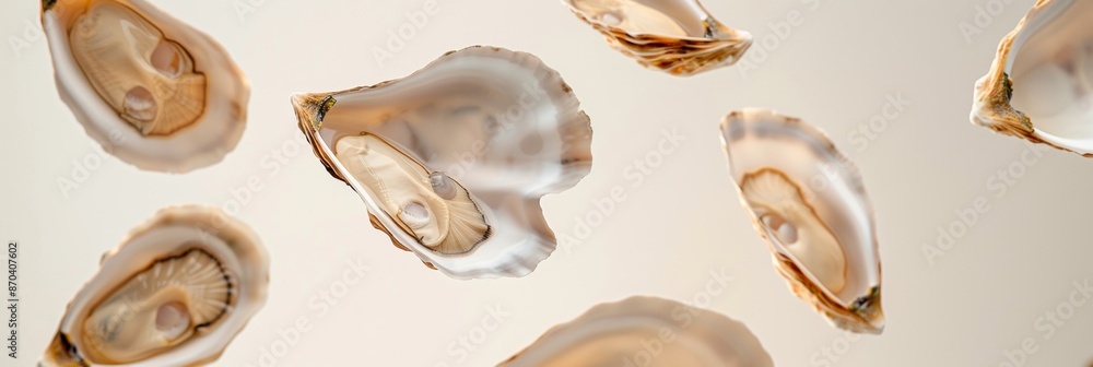 Floating freshly opened oysters on a beige background Floating freshly opened oysters on a beige background