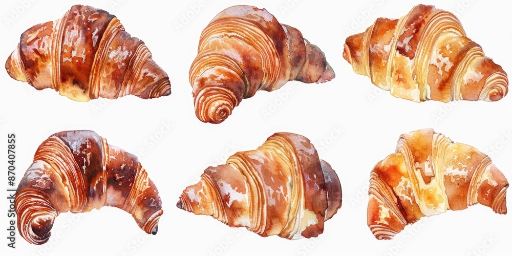 A close up of six croissants with a white background. The croissants are all different sizes and shapes, but they all have a similar golden brown color. Concept of warmth and comfort A close up of six croissants with a white background. The croissants are all different sizes and shapes, but they all have a similar golden brown color. Concept of warmth and comfort