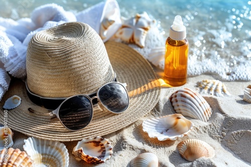 Beach Stuff. Vacation Concept with Straw Hat, Sunglasses, Flip Flops, Sunscreen Oil on Sand