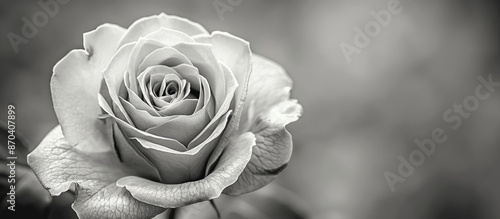 Fototapeta Naklejka Na Ścianę i Meble -  A grayscale closeup image of a blooming rose conveys a romantic theme with copy space for text.