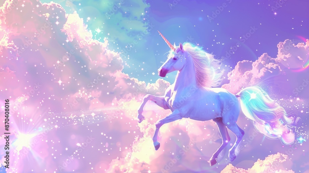 A unicorn is flying through the sky with a pink and purple background. The image has a whimsical and magical feel to it, evoking a sense of wonder and fantasy A unicorn is flying through the sky with a pink and purple background. The image has a whimsical and magical feel to it, evoking a sense of wonder and fantasy