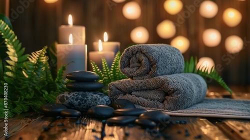 A spa-like setting with soft towels, burning candles, and stones arranged on a wooden table