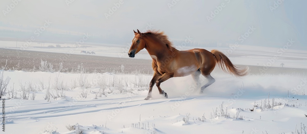 A golden buckskin Akhal-Teke horse gallops freely in a snow-covered landscape with a serene backdrop, creating a stunning visual for a copy space image. A golden buckskin Akhal-Teke horse gallops freely in a snow-covered landscape with a serene backdrop, creating a stunning visual for a copy space image.
