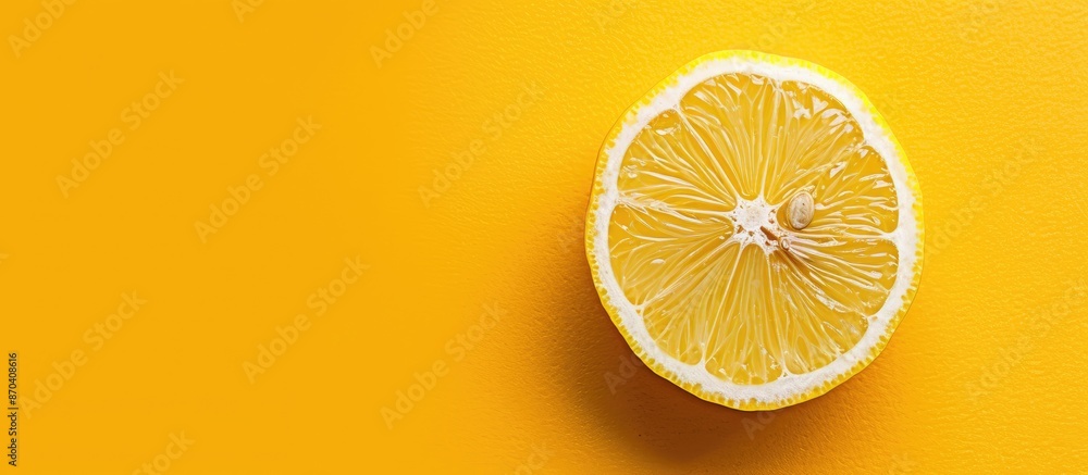 Flat lay background featuring a vibrant slice of lemon with ample copy space image. Flat lay background featuring a vibrant slice of lemon with ample copy space image.