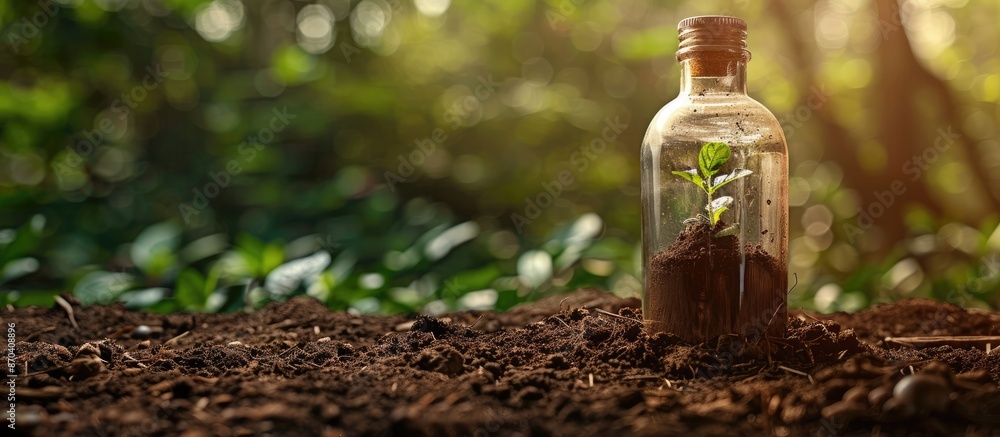 Glass bottle placed on soil on a rustic table with space for text in the background. Copy space image. Place for adding text and design Glass bottle placed on soil on a rustic table with space for text in the background. Copy space image. Place for adding text and design