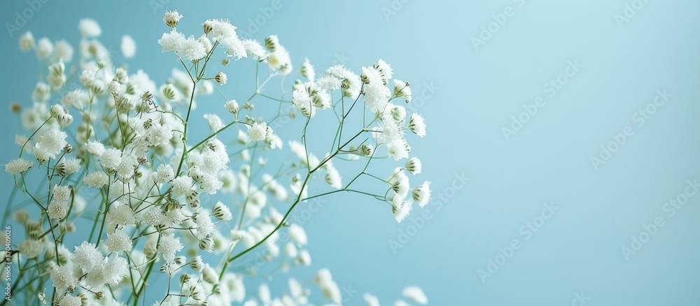 Blurry white flowers on light blue backdrop with shallow depth of field and focus on left side for text in copy space image Blurry white flowers on light blue backdrop with shallow depth of field and focus on left side for text in copy space image