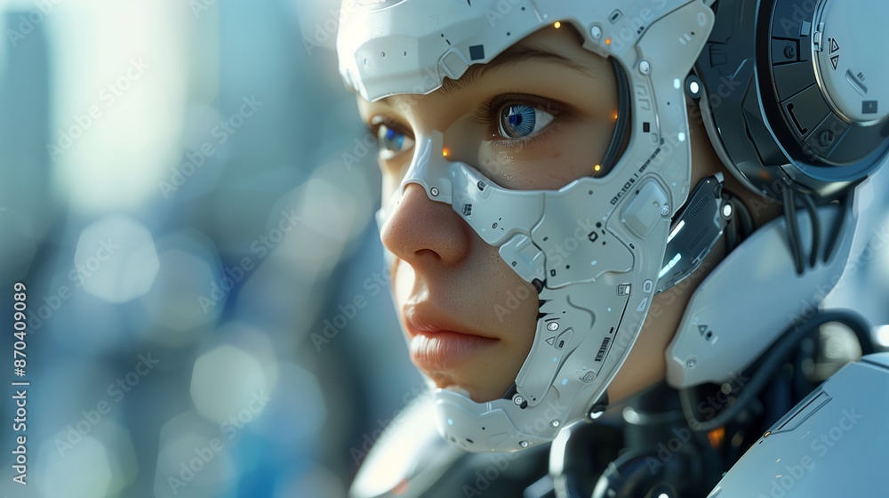 Fototapeta premium Closeup of an AI robot with humanlike features, looking to the side in contemplation and focus on future technology