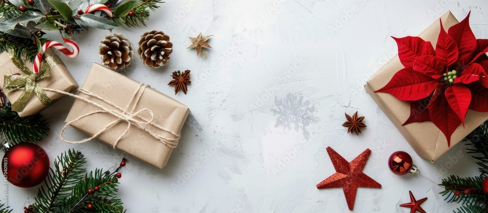 Christmas decorations arranged on a white backdrop with a gift box, pine branches, pine cone, festive stars, and a red poinsettia. The setting includes a blank greeting card and envelope for a mockup Christmas decorations arranged on a white backdrop with a gift box, pine branches, pine cone, festive stars, and a red poinsettia. The setting includes a blank greeting card and envelope for a mockup