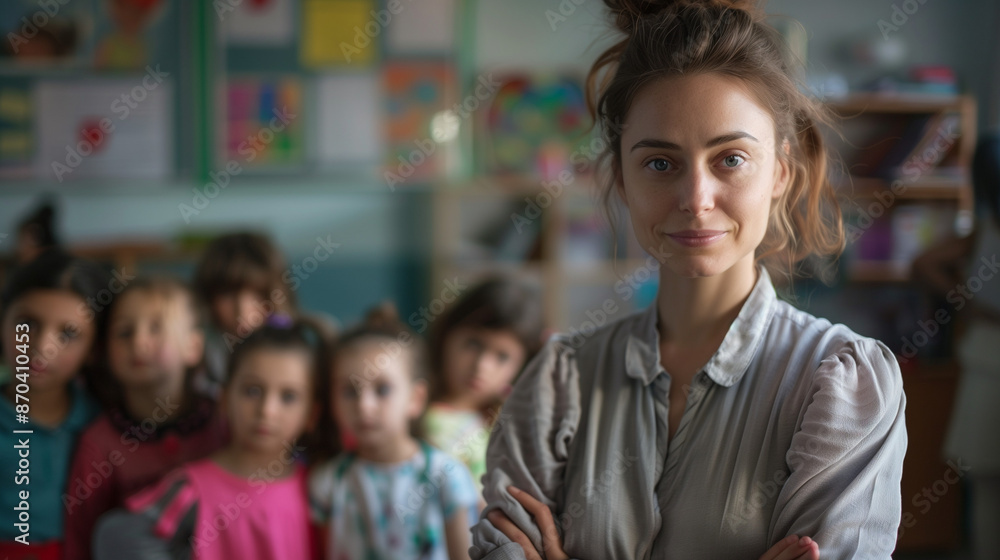 Fototapeta premium Portrait of a young woman teacher with children in the classroom