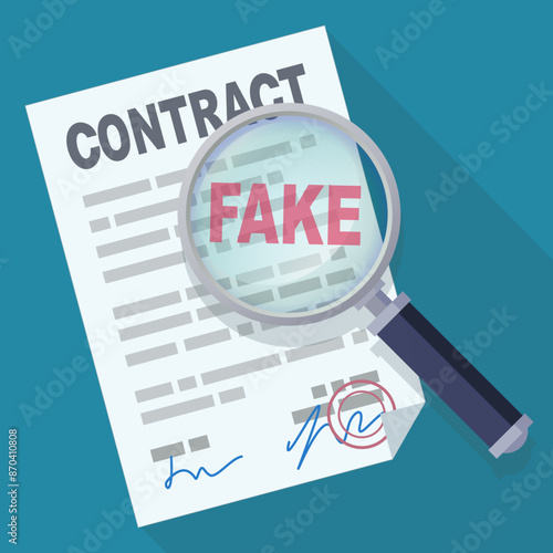 Contract under the magnifying glass with detection of a fake (flat design)