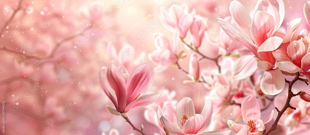 Close-up image of a blossoming pink magnolia branch on a floral backdrop with copy space. Close-up image of a blossoming pink magnolia branch on a floral backdrop with copy space.