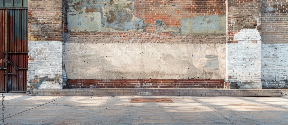 Fototapeta premium Horizontal copy space image featuring vintage bricks and textured concrete blocks in an industrial setting.