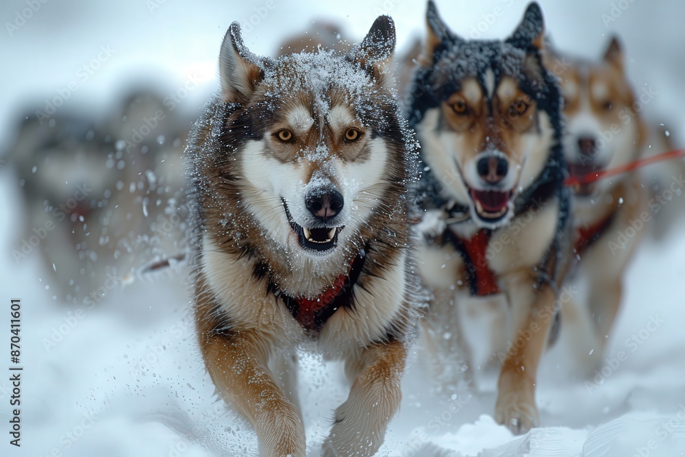 Naklejka premium A brown husky is shown running through the snow, wearing a harness, with snowflakes surrounding it, capturing the dog's strength and resilience in a winter setting.