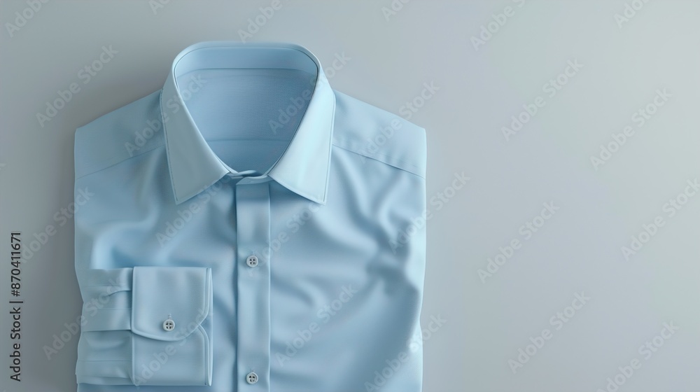 A men's formal light blue shirt with a solid light grey background. A men's formal light blue shirt with a solid light grey background.