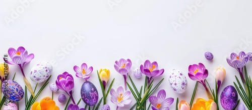 Crocuses and Easter eggs on a white background with copy space for border template, used in Easter greetings and holiday cards. © Ilgun
