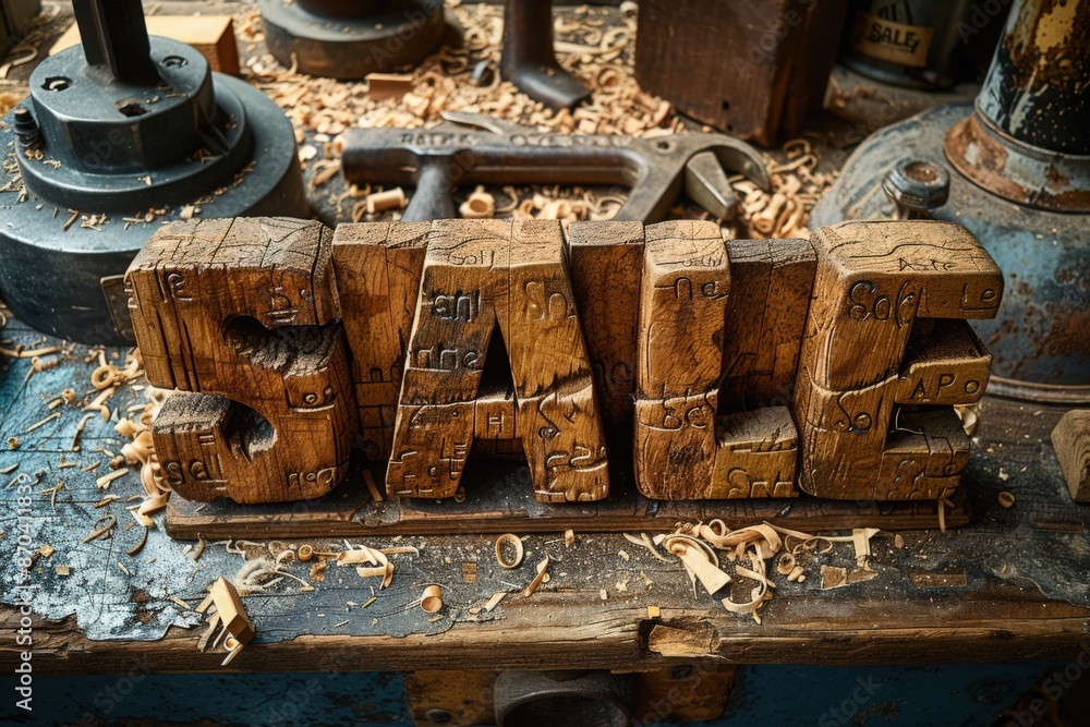 A close-up of a wooden sale sign, crafted from reclaimed wood with intricate details, resting on a workbench surrounded by wood shavings A close-up of a wooden sale sign, crafted from reclaimed wood with intricate details, resting on a workbench surrounded by wood shavings