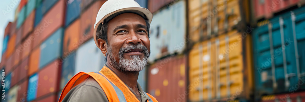 Indian worker standing in front of stacked shipping containers. Container terminal - freight shipping background. International trade banner. Import export concept. Indian worker standing in front of stacked shipping containers. Container terminal - freight shipping background. International trade banner. Import export concept.
