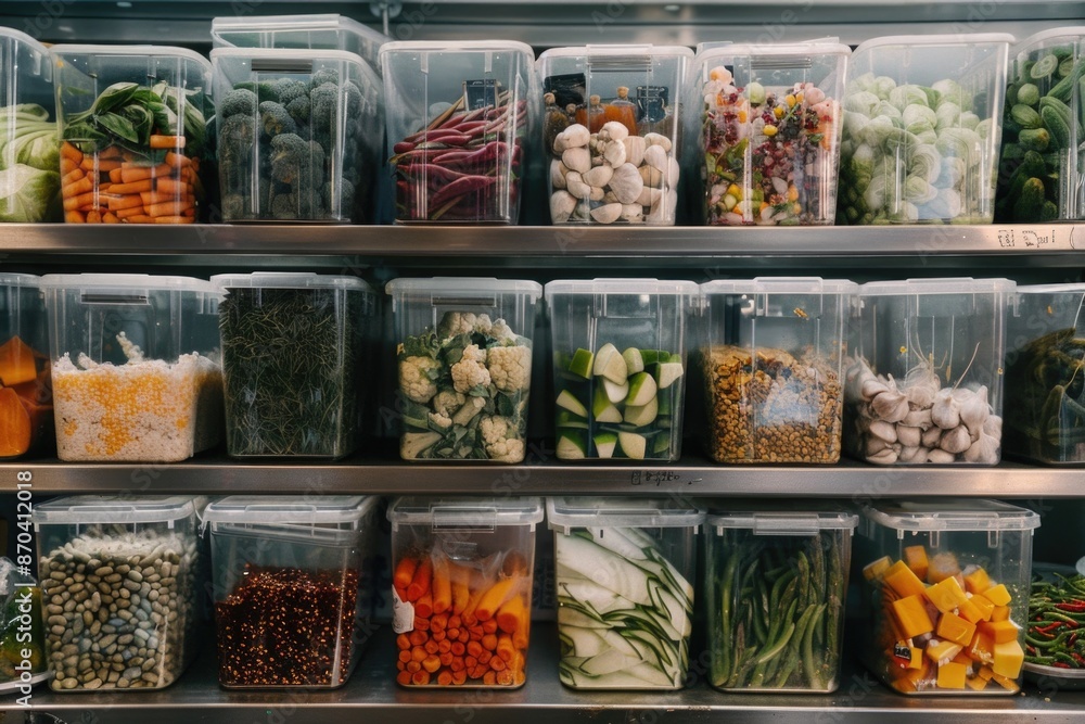 A row of clear plastic containers filled with various vegetables and fruits. The containers are arranged in a way that makes it easy to see the different types of produce
