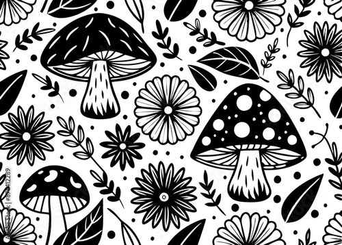 seamless pattern design of mushrooms and flowers