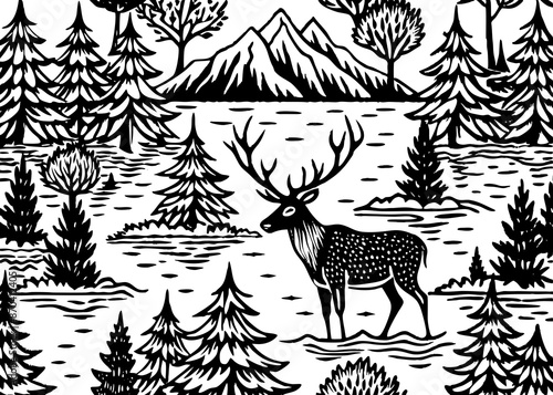 seamless pattern design of deer and trees