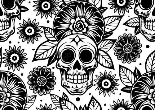 seamless design of skulls and flowers
