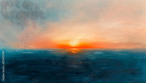 An abstract painting of a sun setting over a tranquil sea