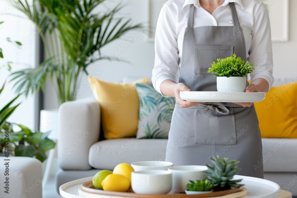 Indoor Gardening Concept: Woman Holding Potted Plant in Modern Home Indoor Gardening Concept: Woman Holding Potted Plant in Modern Home