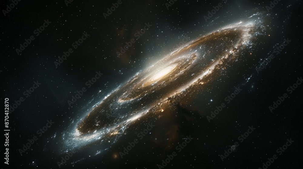 View from space to a spiral galaxy and stars. View from space to a spiral galaxy and stars.