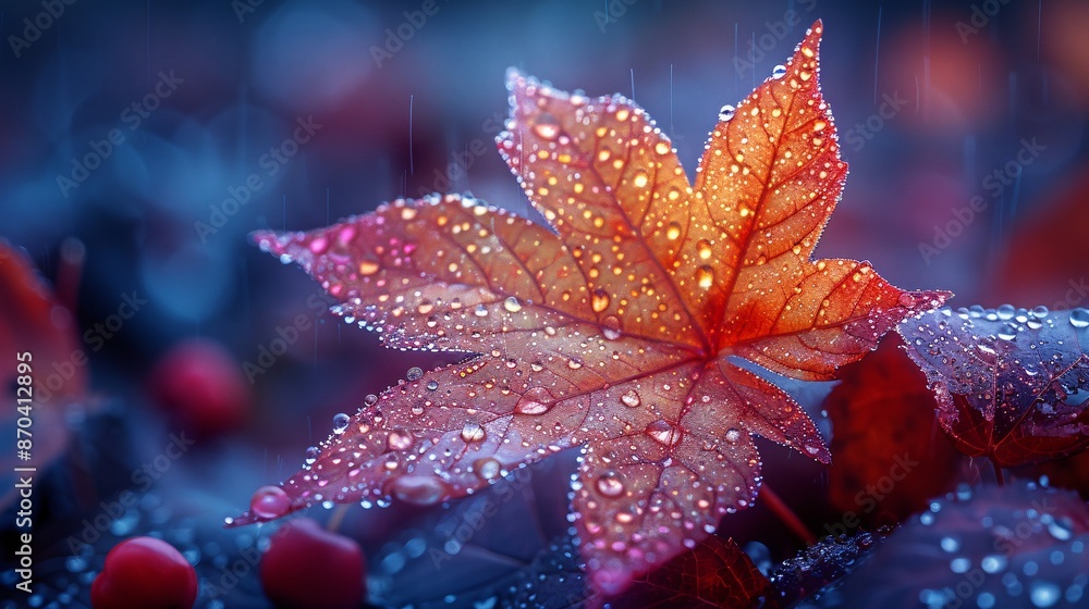 Detailed shot of a vibrant maple leaf with circuit-like veins, covered in morning mist Detailed shot of a vibrant maple leaf with circuit-like veins, covered in morning mist