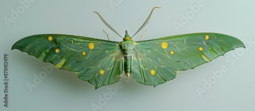 Creobroter gemmatus measures 55-60 mm, has a slender body, and features green leaf wings adorned with yellow dots on either side, creating a visually striking copy space image. photo