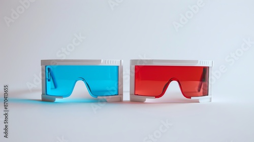 Stylish blue and red sunglasses in minimalistic design. Unique and trendy eyewear on white background. Perfect for modern fashion and summer vibes. Ideal for stock photos, blogs, and ad campaigns. AI photo