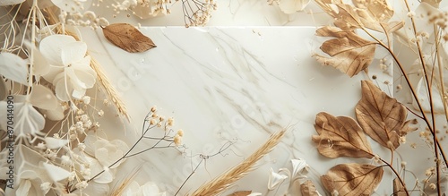 Beige background flat lay featuring a white marble podium framed by dry natural grass, leaves, and flowers, ideal for beauty and fashion concept, with top view and copy space image.