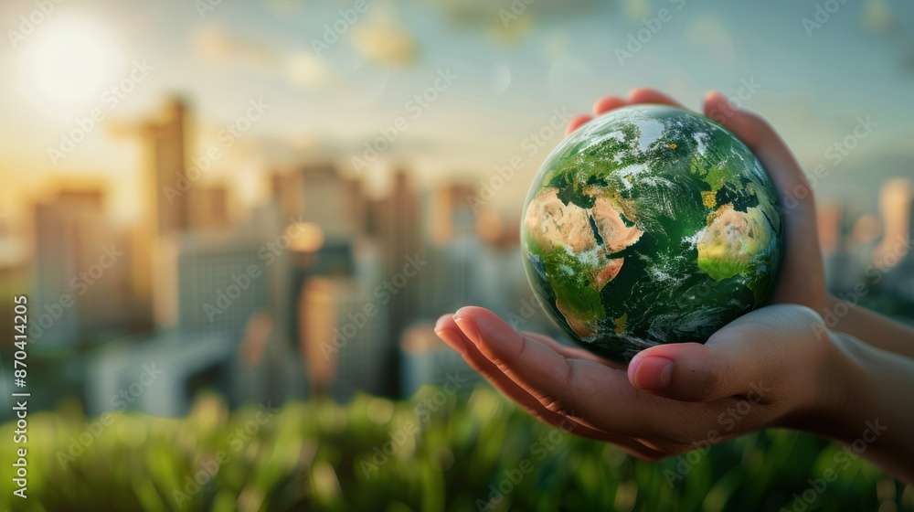 Hands holding a miniature Earth with a city landscape in the background, symbolizing environmental sustainability and global responsibility. Hands holding a miniature Earth with a city landscape in the background, symbolizing environmental sustainability and global responsibility.