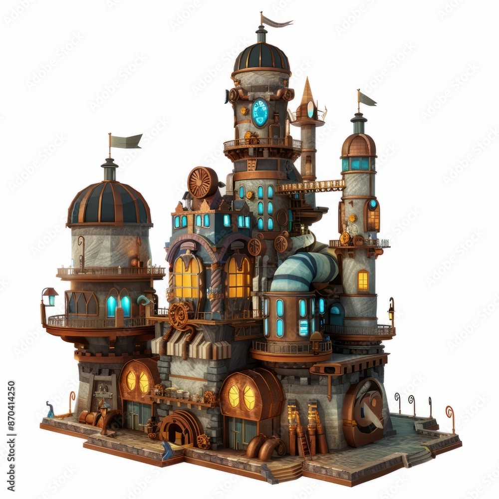 Obraz premium 3D Render, Low Poly style of a steampunk industrial castle, on isolated white background, Generative AI