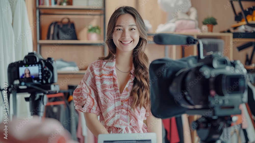 Smiling woman vlogging with cameras in cozy room, creating content for her audience, showcasing her lifestyle and fashion choices. Smiling woman vlogging with cameras in cozy room, creating content for her audience, showcasing her lifestyle and fashion choices.