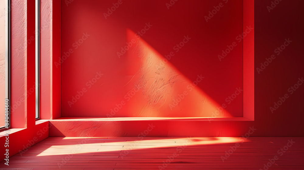 Minimalistic red interior with natural sunlight streaming through windows, casting intriguing shadows on the walls and floor. Minimalistic red interior with natural sunlight streaming through windows, casting intriguing shadows on the walls and floor.