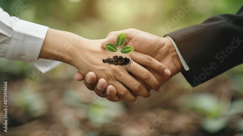 Close-up of two people shaking hands with a small plant and soil, symbolizing environmental partnership and sustainable growth.