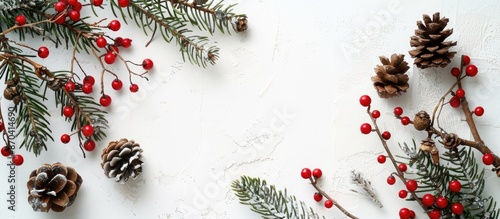 Holiday composition featuring fir branches, cones, and red viburnum berries on a white backdrop with copy space image.