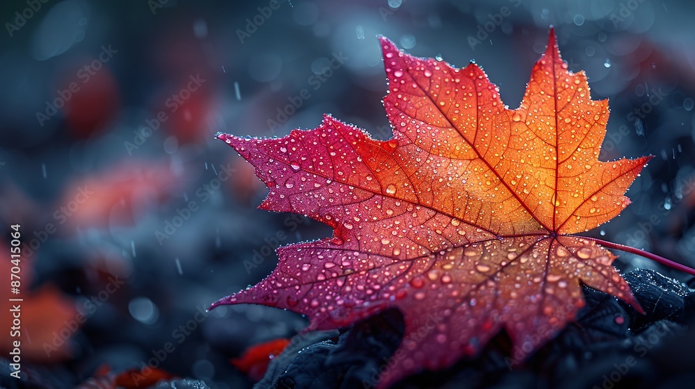 Maple leaf in vibrant colors, circuit-patterned veins, light mist droplets Maple leaf in vibrant colors, circuit-patterned veins, light mist droplets
