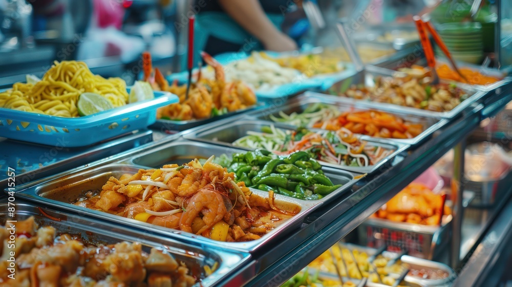 Fototapeta premium Assorted Asian street food dishes displayed at a market stall, showcasing a variety of colorful and delicious options.