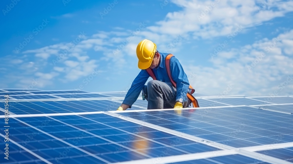 A technician, equipped with safety gear, is examining a solar panel array, showcasing the innovation of solar energy and promoting sustainable solutions for renewable power generation A technician, equipped with safety gear, is examining a solar panel array, showcasing the innovation of solar energy and promoting sustainable solutions for renewable power generation