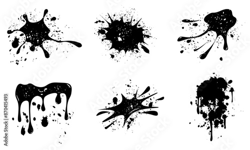 Black Paints Blots Set, Ink Splatter, Grunge Elements, Black, Vector Illustration