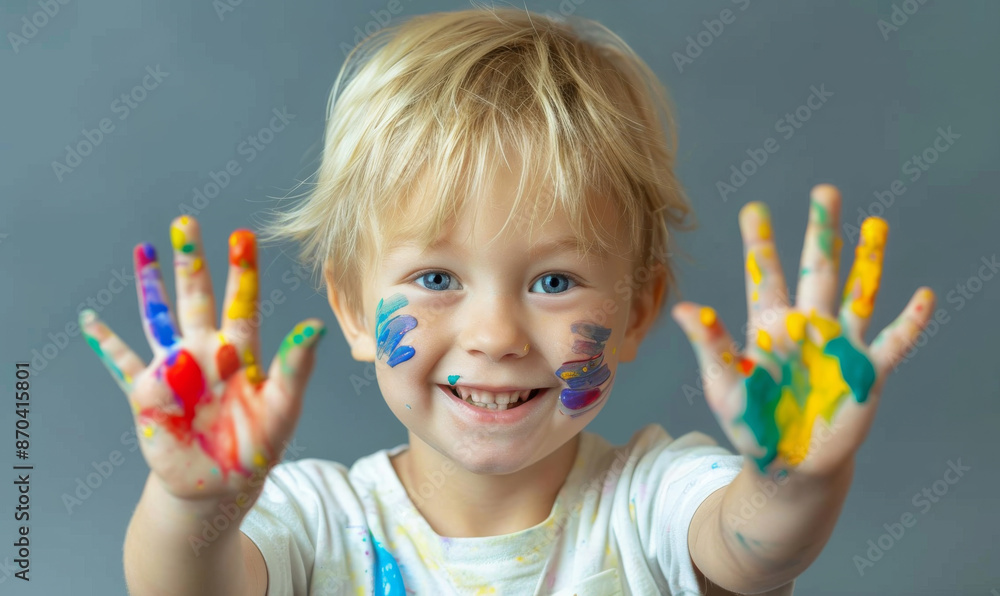 A cheerful child with hands filled with vibrant colors is joyful and excited, embodying innocence and creativity. The messy but playful painting reflects her carefree and artistic expression A cheerful child with hands filled with vibrant colors is joyful and excited, embodying innocence and creativity. The messy but playful painting reflects her carefree and artistic expression