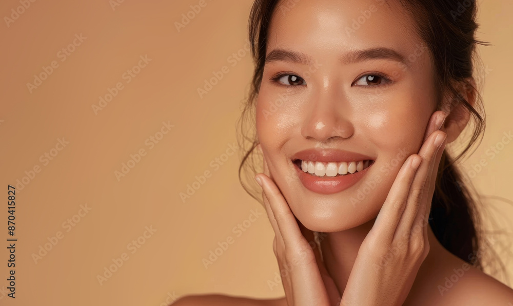 In a welllit studio, an attractive woman with radiant skin is applying skincare cream. Her healthy complexion reflects a regular skincare routine, enhancing her confidence and happiness In a welllit studio, an attractive woman with radiant skin is applying skincare cream. Her healthy complexion reflects a regular skincare routine, enhancing her confidence and happiness