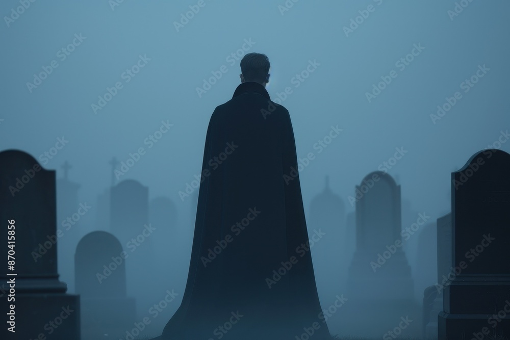 Mysterious cloaked figure in a foggy cemetery surrounded by tombstones, creating an eerie and haunting atmosphere. Mysterious cloaked figure in a foggy cemetery surrounded by tombstones, creating an eerie and haunting atmosphere.