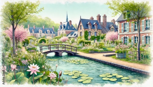 Springtime at quaint village of Giverny, France, with traditional houses and gardens in full bloom, water lilies floating in the pond