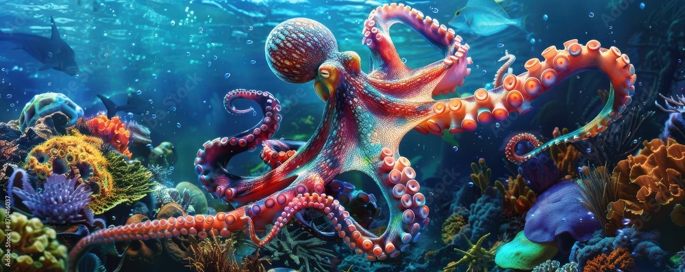 A large octopus is swimming in a colorful coral reef. The octopus is surrounded by a variety of sea creatures. A large octopus is swimming in a colorful coral reef. The octopus is surrounded by a variety of sea creatures.