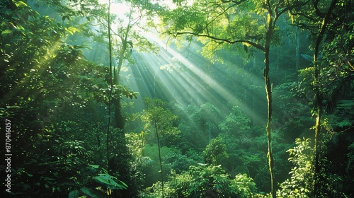 Beams of sunlight pierce the canopy, illuminating patches of emerald green in the dim forest depths.