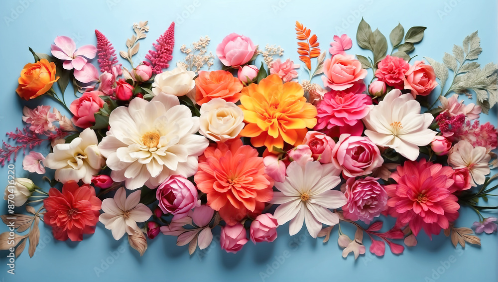 A beautiful array of flowers arranged horizontally on a blue background, showcasing vibrant colors and textures. A beautiful array of flowers arranged horizontally on a blue background, showcasing vibrant colors and textures.